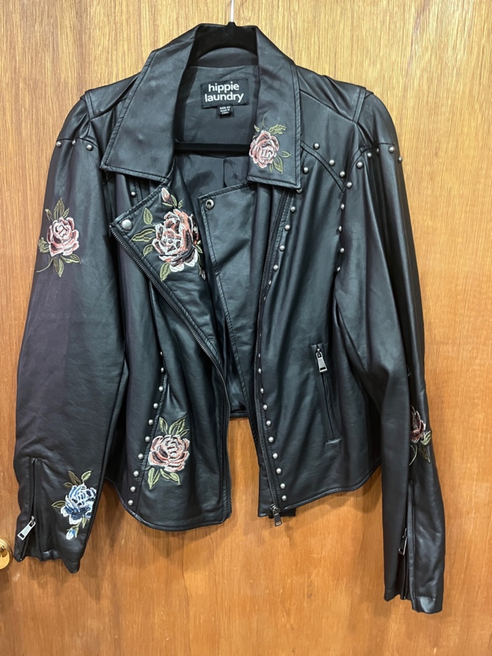 hippie laundry Black Faux Leather Studded Moto Jacket with Floral Embroidery 2x